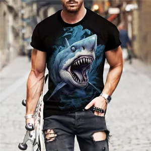 Camiseta casual masculina de rua, roupa esportiva solta com estampa 3D de tubarão, camiseta de manga curta, roupa masculina personalizada