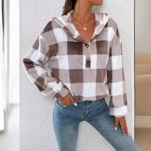 Felpa <span class=keywords><strong>a</strong></span> <span class=keywords><strong>quadri</strong></span> autunno inverno da donna con colletto semiaperto e abbottonato con cappuccio morbido Casual stampato - Product Image 1