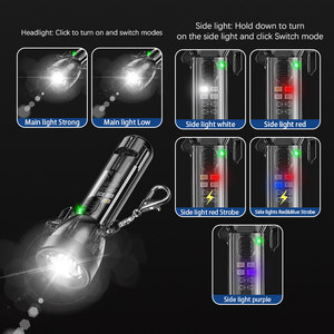 Mini lampe torche porte-clés, coupe-ceinture <span class=keywords><strong>de</strong></span> sécurité, sifflet d'urgence, rechargeable USB-C, double source lumineuse LED, étanche, en plastique - Product Image 4