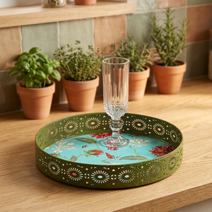 Plateau de service décoratif à motifs floraux vert avec centre turquoise, usage résidentiel - Product Image 3