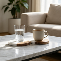 Nouveau design, dessous-de-verre rond en marbre blanc et bois, articles de cuisine, service personnalisé