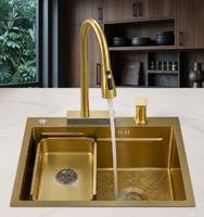 Évier de cuisine cascade en acier inoxydable doré, moderne, à cuve unique, à encastrer sous plan, avec robinet extractible doré