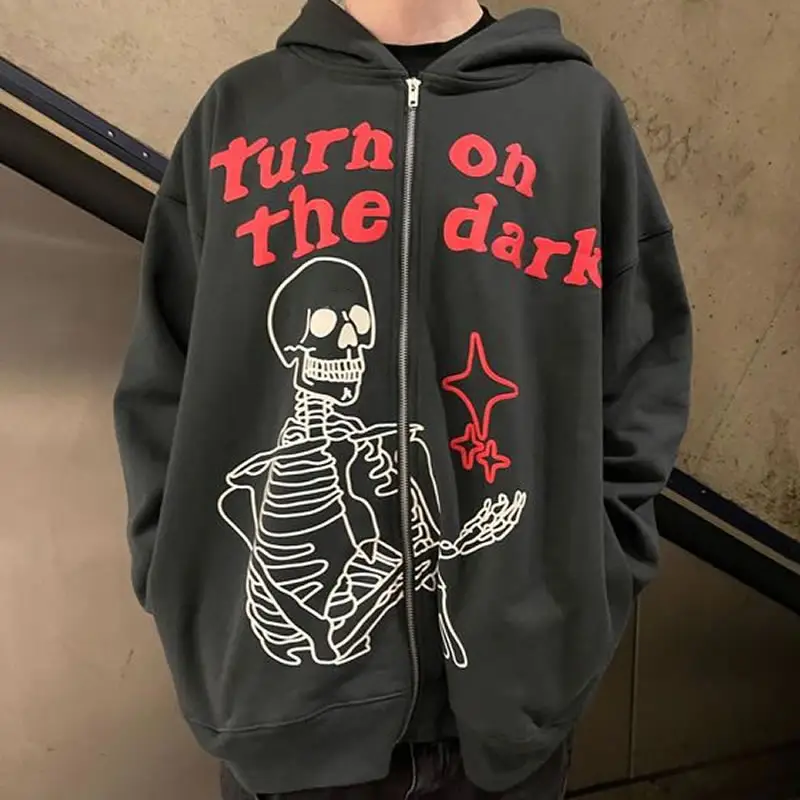 Y2k erkek İskelet Hoodie tişörtü Alt peri Grunge kazak büyük boy gotik ceket üstleri Zip Up Streetwear Hoodies erkek