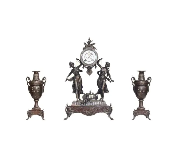 Fransız tarzı antika bronz döküm pirinç Figural "çift kaldırma saat" mekanik çarpıcı masa saati/İzle & Urns setleri