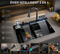 Évier de cuisine intelligent en acier inoxydable avec affichage numérique LED, édition 2025, multifonction, cascade moderne