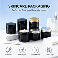 Pot de stockage à large ouverture en PET noir 30ml - 150ml, récipient pour crème cosmétique avec bouchon à vis en PP, couvercle en aluminium doré ou argenté