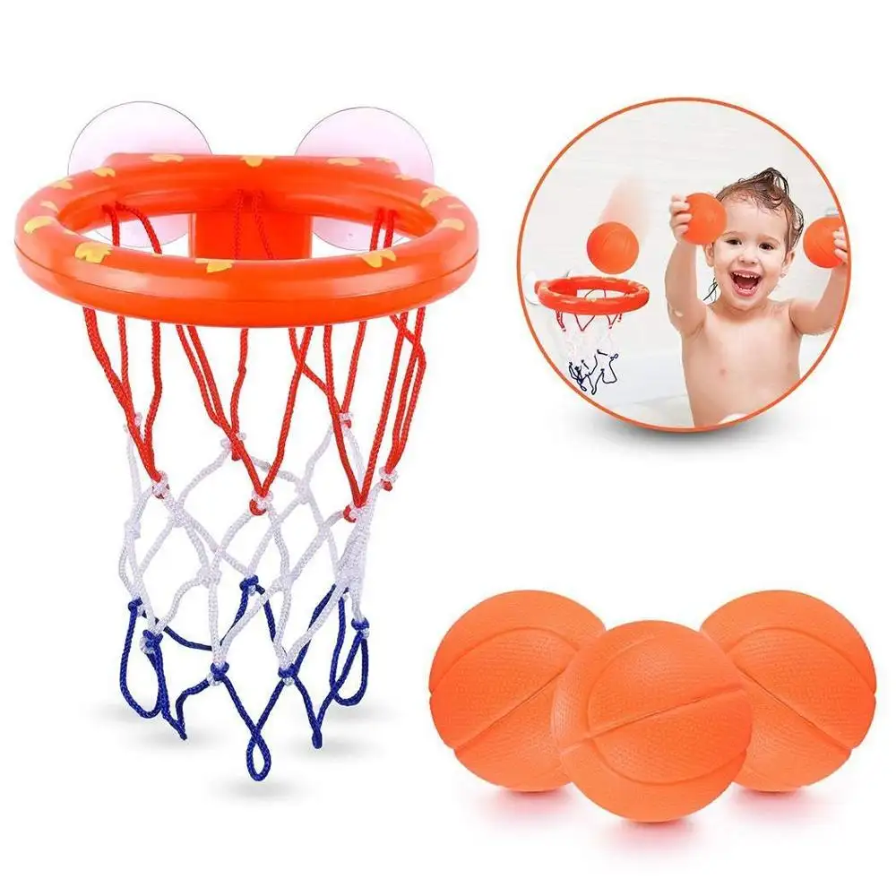 Conjunto de brinquedos de banho para criança, mini conjunto de brinquedos de banho com ventosa, argola de basquete e bolas, conjunto para crianças