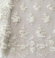 Nuevo Diseño de Tela de Encaje 3D para Novias, Tela de Encaje Bordada con Perlas y Flores 3D y Pedrería para Vestido de Novia