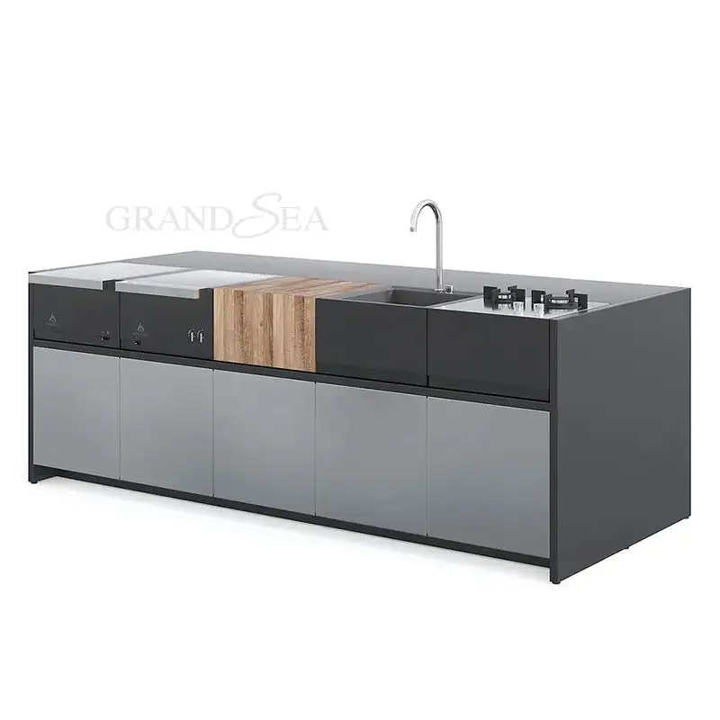 Cocina industrial de exterior con fregadero y parrilla, mueble de cocina de aluminio