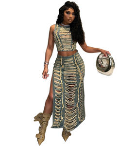 Top corto Vintage in <span class=keywords><strong>jeans</strong></span> e gonna lunga con spacco Set di due pezzi da donna vestiti strappati in Denim - Product Image 5