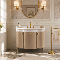 Meuble de salle de bain vintage français de luxe, style Art Déco, avec lavabo en céramique autoportant et quincaillerie dorée