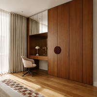 Armoire intégrée sur mesure en placage de noyer, style moderne et luxueux, avec coiffeuse miroir, placard de chambre pleine hauteur