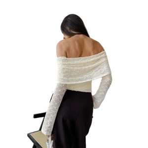 T-shirt en maille jacquard sexy à épaules tombantes, sans col, coupe ajustée, élégant et polyvalent pour femme - Product Image 3