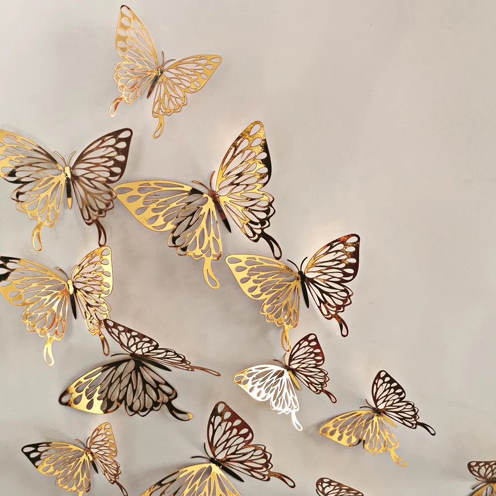 12PCS High Quality Paper Hollow Gold 3D Butterfly Wall Sticker Bedroom Living Room Porch Decoration