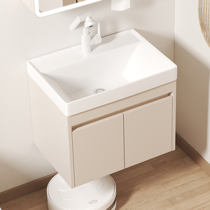 Meuble-lavabo moderne et simple en céramique avec vasque intégrée et miroir - Product Image 2