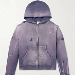 Blouson à capuche zippé vintage personnalisé effet délavé, double couche gaufrée, coupe oversize et usée pour homme - Product Image 1