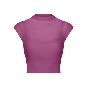 Wholesale Women's Mesh <b>Mock</b> <b>Neck</b> 2 in 1 Yoga <b>Top</b> Built-in Bra Crop <b>Top</b> High Stretch Gym Workout Tee Breathable Pilates Shirt - Product Image 4