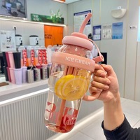 Nieuwe herbruikbare fruitsapbeker, schattige beker, draagbare plastic beker met handvat, deksel en rietje, schattige drinkbeker