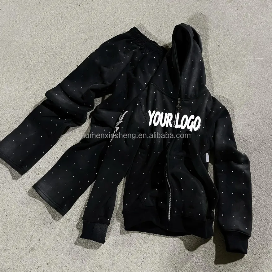 Fabricantes de roupas alfandegárias homens serigrafia moletom todo impressão rhinestone ácido wash hoodies e calças de suor conjunto