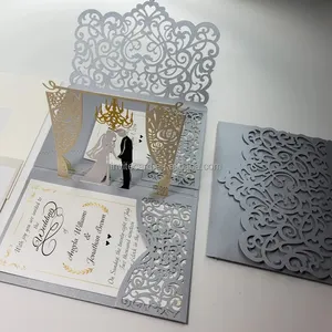 3D การออกแบบใหม่บัตรเชิญเลเซอร์ตัดบัตรเชิญงานแต่งงานการ์ดทองสีเทาที่กำหนดเองเชิญ