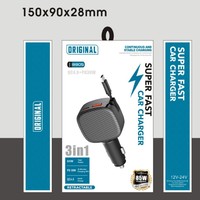 Chargeur de voiture USB-C rapide de haute qualité 85W avec charge rapide QC 3.0 rétractable 3 en 1 pour ordinateurs portables, téléphones mobiles, appareils photo