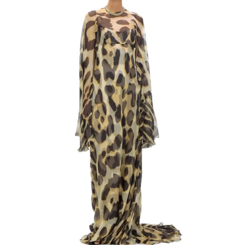 2020 Fashion custom Layered Leopard-print Boubou Silk Cape Gown Women Ladies Casual Long maxi Dress