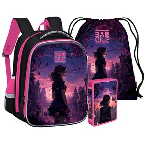 Pink Black Student <b>Backpack</b> School Bag Cartoon Print Bookbag with Zipper Pockets for Daily School Use - Product Image 2