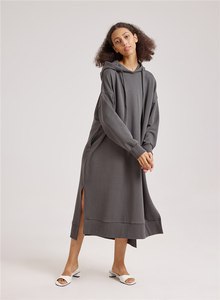 2024 inverno moda personalizzata donna manica lunga in cotone tascabile Midi abito <span class=keywords><strong>con</strong></span> <span class=keywords><strong>spacco</strong></span> <span class=keywords><strong>laterale</strong></span> - Product Image 4