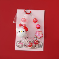 Hello Kitty Handy-Anhänger aus geflochtenem Material mit Fellbesatz, kleine Tierkette, blattförmige, bunte Perlen, umweltfreundlich