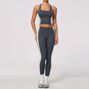 Nuovo Set Yoga Effetto Seconda Pelle ad Asciugatura Rapida, Design Bicolore, Abbigliamento Sportivo Donna Slim <span class=keywords><strong>Fit</strong></span> - Product Image 4