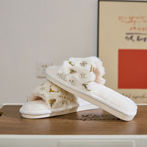 Chaussons en coton à bout ouvert pour le printemps, promotion de Noël, plats, thermiques, d'intérieur, antidérapants, chauds, brodés, massants - Product Image 6