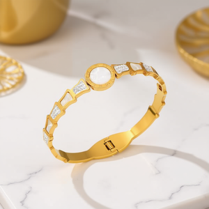 Angelina Gold Plated Stainless Steel Cuff <b>Bracelet</b> With <b>Shell</b> And Diamonds Geometric Trendy Bezel Setting Unisex Gift - Product Image 2