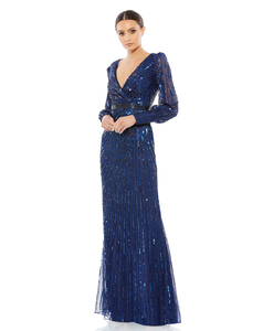 Robes maxi élégantes pour femmes, hiver 2024, manches longues évêque, col en V profond, ornées de perles, à sequins - Product Image 1