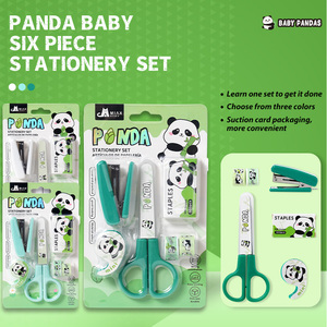 Ensemble de papeterie en métal robuste Panda Bébé six pièces, fournitures scolaires à thème animal mignon, <span class=keywords><strong>agrafeuse</strong></span>, dévidoir de ruban adhésif, 1000 agrafes - Product Image 1