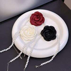 Collier ras du cou pour femme en dentelle avec fleur tridimensionnelle en cuivre rose, chaîne à maillons imitation perle sportive, accessoires de clavicule - Product Image 3