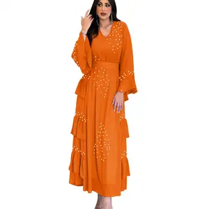 Neue trend ige Neuankömmling Nahost Frauen Abaya Mode Muslim Orange Kleid Diamant Perlen Türkische Kleider Für Muslimische Frauen