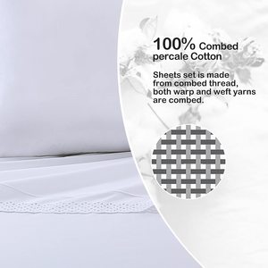 Qsy 100% Combed Cotton percale tấm thiết lập màu trắng sâu túi thêu ren tấm sắc nét mát mẻ thoáng khí Khăn trải giường - Product Image 4