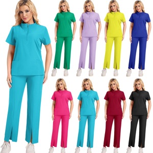 Women's Short Sleeve Scrub Set Zippered <b>Top</b> And Pants For Medical Beauty Salon Workwear Knitted Fabric Split Design - Product Image 5