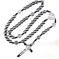 Collier chapelet en hématite 8 mm, perles en forme de boule, cordon Benedict, plaqué argent antique, noir