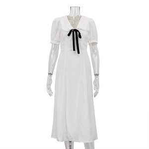 Ultima 2024 con colletto in piter <span class=keywords><strong>Pan</strong></span> a vita alta Slim Fit manica corta estate bianco Midi abiti lunghi Casual eleganti per donna - Product Image 4