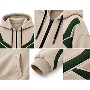 Sweat-shirt à capuche zippé pour homme, beige et vert, style décontracté, avec cordon de serrage - Product Image 5