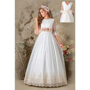 בנות אלגנטיות שמלה ראשונה עם חגורת תחרה באיכות גבוהה חצי שרוולים ילדים ילדים שמלות רשמיות ארוכות לחתונה - Product Image 3