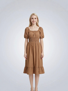 Nouvelle Robe Longue Unie Élégante Style Européen et Américain 2026 à Col Carré, Manches Lanterne, Taille Volantée et Coupe Trapèze pour Femme Grande Taille - Product Image 4