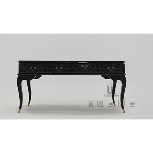 Table de toilette de luxe avec plateau en verre, ensemble de table basse rectangulaire en bois noir avec pieds courbes pour salon, table de toilette avec plateau en verre - Product Image 1