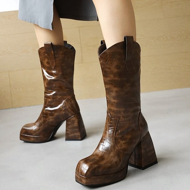 Platform Thick Sole Boots Shoes Women Stone Print Leather Midi Calf Fashion Boots Retro Square Heel Side Zipper Big Size 43