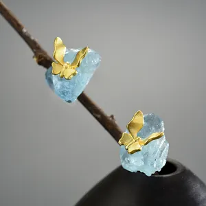 Wholesale hand made 925 Sterling Silver18k gold Natural aquamarine stone Butterfly dragonfly stud Earring fine jewelry for women