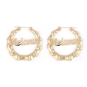 Personalized Custom 9CM Huge Bamboo Hoop Earrings Melanin Gold Bamboo Name Earrings