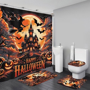 Cortina de Ducha de Poliéster con Diseño de Castillo de Halloween Naranja, Cortina de Baño con Impresión Digital, Impermeable, Impresión Personalizada, Venta al por Mayor, Moderna - Product Image 1