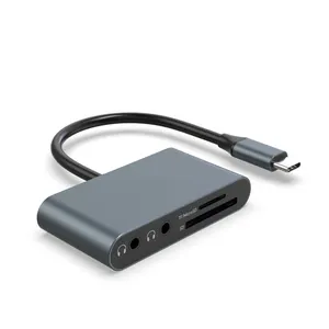 铝制usb-c至迷你SD存储卡读卡器 + 音频3.5，用于耳机麦克风类型C 4端口适配器