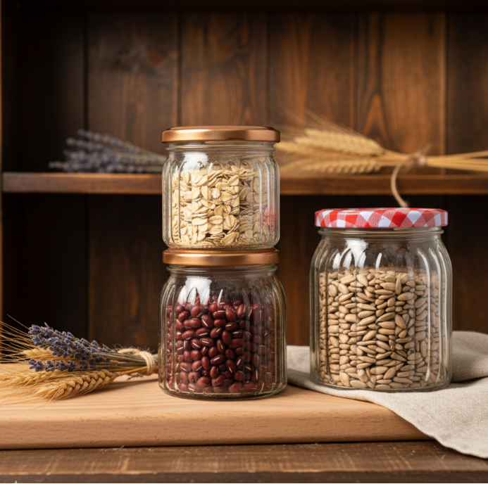 High Quality Vertical Striped Glass Jar with sealed Metal Screw Cap for Storing Jam Honey Oats and Dry Goods in the Kitchen